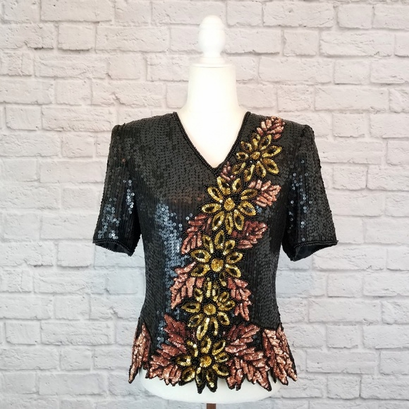 Tops - Vintage sequined black gold copper v-neck blouse
